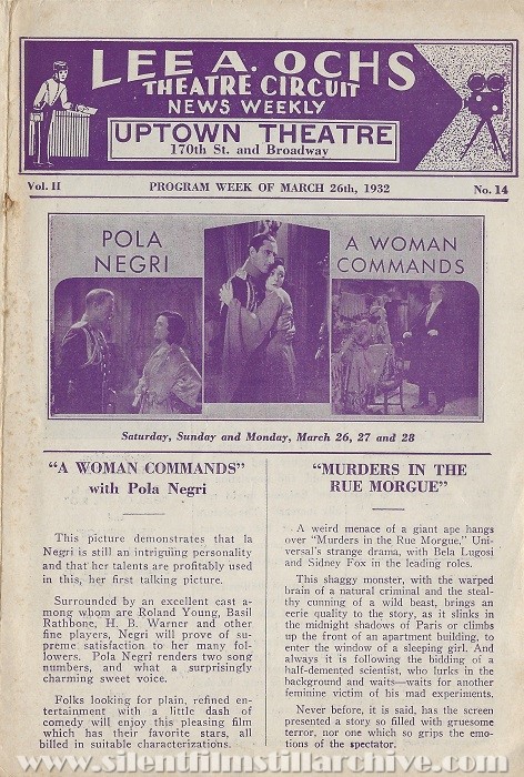New York City, New York Uptown Theatre program for March 26, 1932
