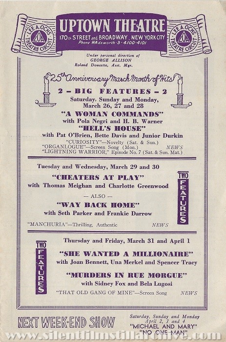 New York City, New York Uptown Theatre program for March 26, 1932