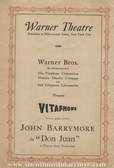 Program from the Warner Theatre in New York City showing the Vitaphone silent feature DON JUAN (1926).