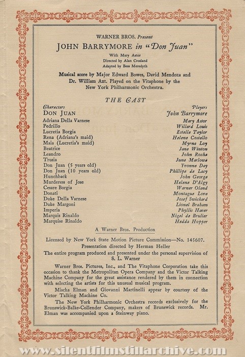 Program from the Warner Theatre in New York City showing the Vitaphone silent feature DON JUAN (1926).