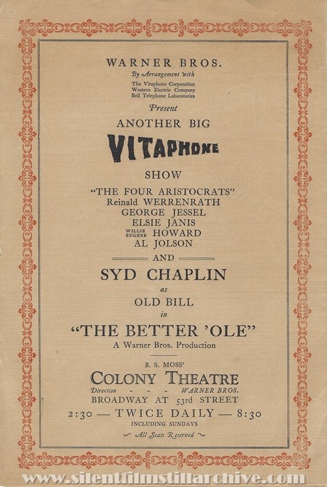 Program from the Warner Theatre in New York City showing the Vitaphone silent feature DON JUAN (1926).