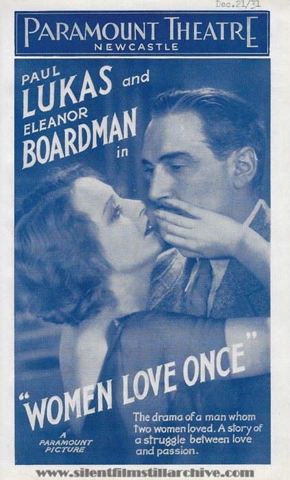 Paramount Theatre, Newcastle, England, UK program featuring WOMEN LOVE ONCE (1931) with Paul Lukas and Eleanor Boardman