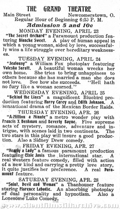 Newcomerstown, Ohio Grand Theatre program for April 23, 1917
