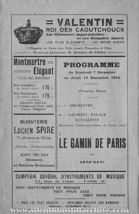 Gaumont Palace Theater, Paris, France program for December 7, 1923