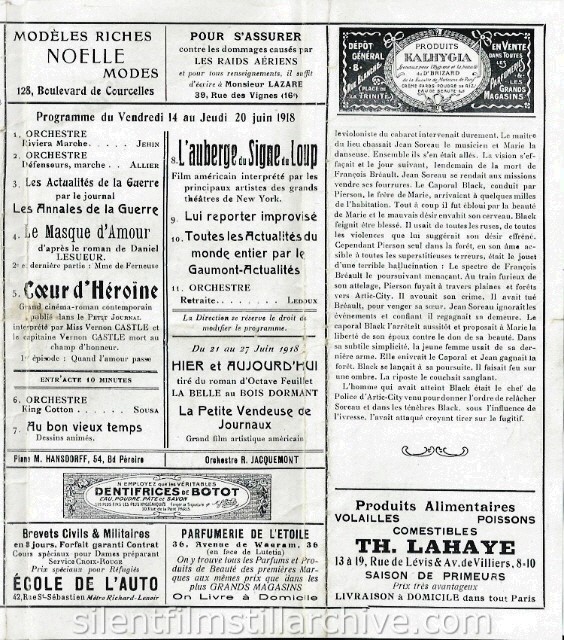 Lutetia Cinma, Paris, France program for the week of June 14, 1918