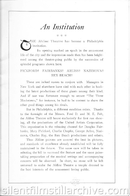 Aldine Theatre program, Philadelphia, Pennsylvania, USA