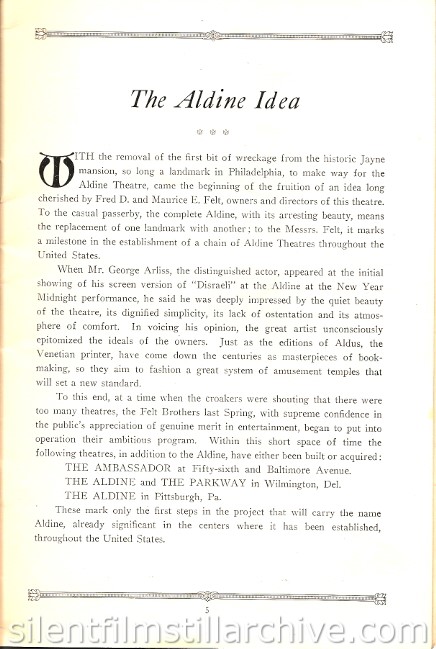 Aldine Theatre program, Philadelphia, Pennsylvania, USA