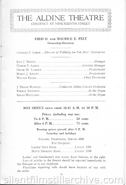 Aldine Theatre program, Philadelphia, Pennsylvania, USA