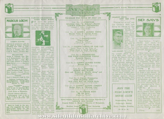 Loew's Aldine Theatre program, Pittsburgh, Pennsylvania, USA