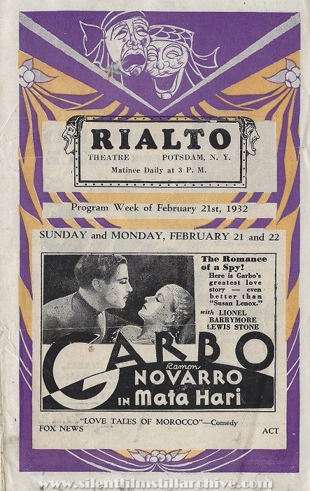 Rialto Theater program, Potsdam, New York