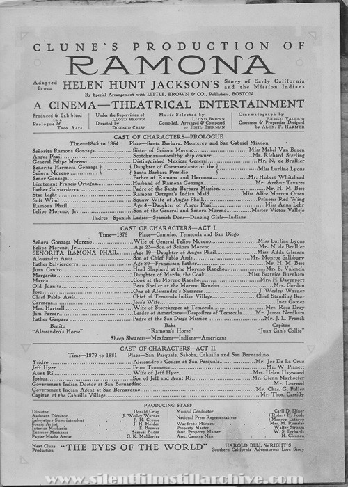 Program for RAMONA (1916) with Adda Gleason, Mabel Van Buren and Richard Sterling