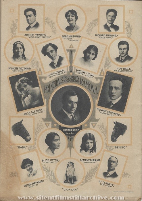 Program for RAMONA (1916) with Adda Gleason, Monroe Salisbury, Mabel Van Buren and Richard Sterling