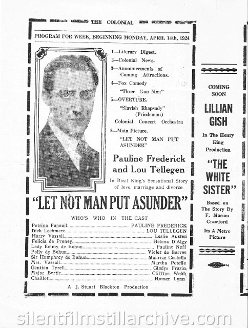 Reading, Pennsylvania Colonial Theater program for the week of April 14th, 1924, showing LET NOT MAN PUT ASUNDER WITH Pauline Frederick and Lou Tellegen