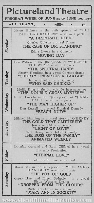 Reading, Pennsylvania Pictureland Theatre program for June 25, 1917 with Fanny Ward