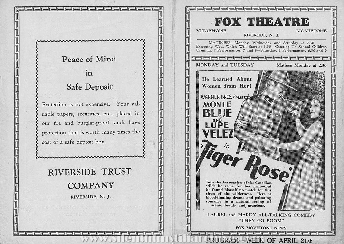 Fox Theatre program, April 21, 1930, Riverside, New Jersey