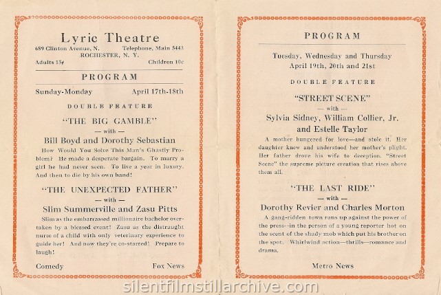 Rochester, New York Lyric Theatre program, April 17, 1032