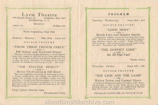 Rochester, New York Lyric Theatre program, May 31, 1931