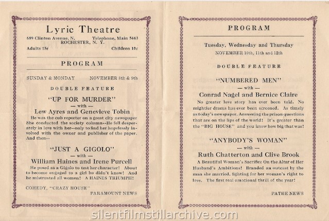 Rochester, New York Lyric Theatre program, November 8, 1931