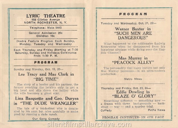 Rochester, New York Lyric Theatre program, October 19, 1930