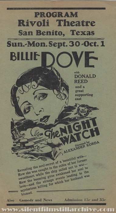 San Benito, Texas, Rivoli Theatre program for September 30th, 1929 showing THE NIGHT WATCH (1928) with Billie Dove