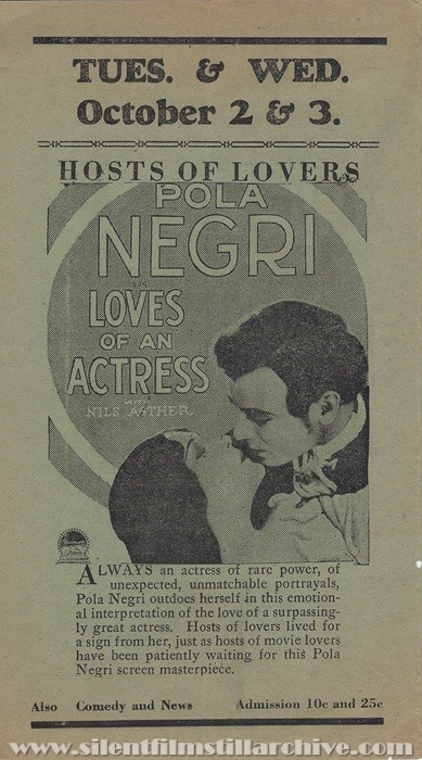 San Benito, Texas, Rivoli Theatre program for September 30th, 1929 showing LOVES OF AN ACTRESS (1928) with Pola Negri