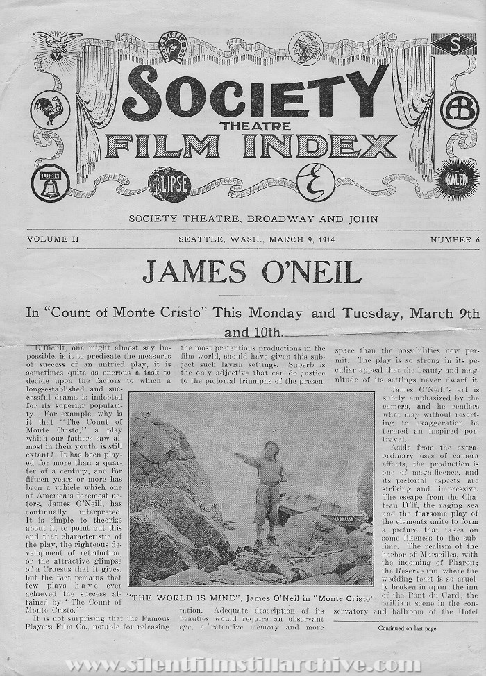 Society Theatre program, Seattle, Washington, March 9, 1914