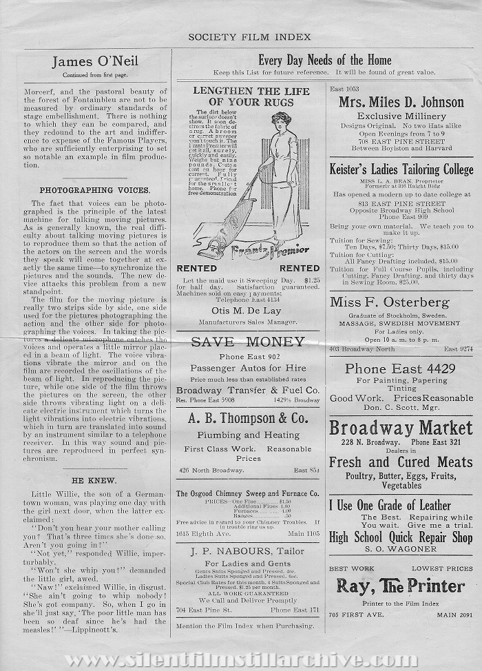 Society Theatre program, Seattle, Washington, March 9, 1914