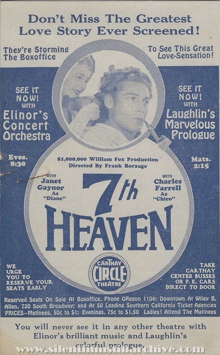 Advertising card for SEVENTH HEAVEN (1927) at the Carthay Circle Theatre