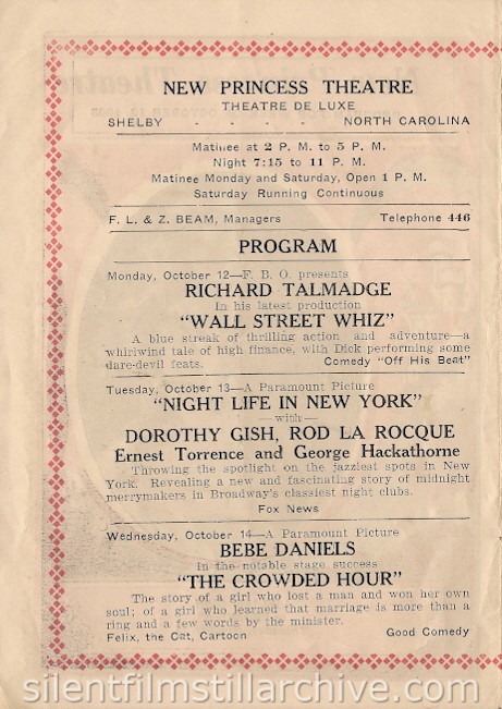 New Princess Theatre program for October 12, 1925