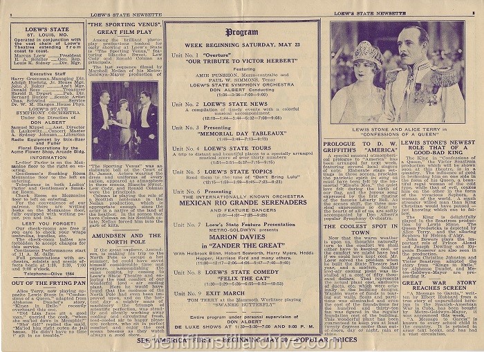 Loew's State Theatre program, St. Louis, Missouri, May 23, 1925