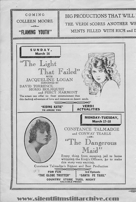 Saint Paul, Minnesota, New Verdi Theatre program for March 16, 1924 showing THE LIGHT THAT FAILED (1923) with Jacqueline Logan