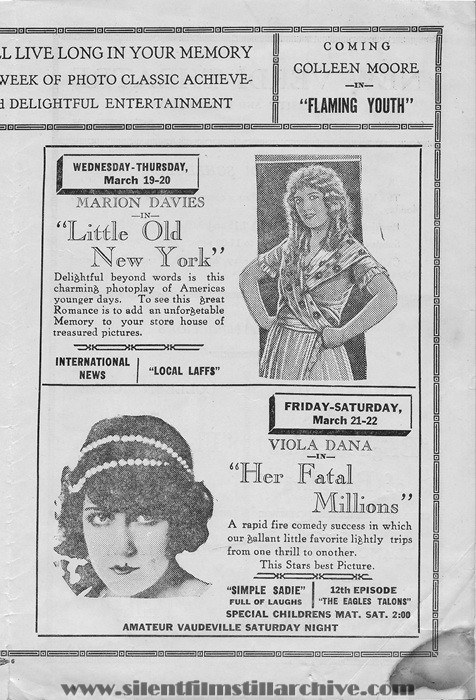 Saint Paul, Minnesota, New Verdi Theatre program for March 16, 1924 showing LITTLE OLD NEW YORK (1923) with Marion Davies