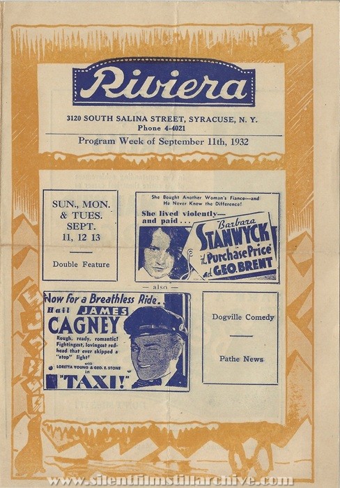 Syracuse, New York, Riviera Theatre program for September 11th, 1932 showing TAXI! (1931) with James Cagney