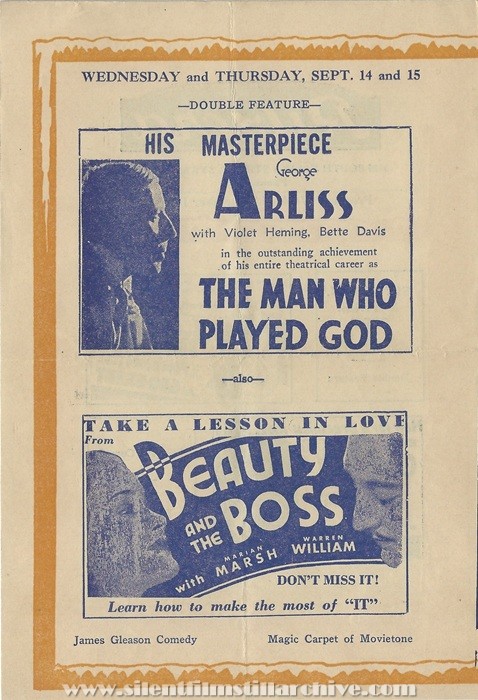Syracuse, New York, Riviera Theatre program for September 11th, 1932 showing THE MAN WHO PLAYED GOD (1932) with George Arliss