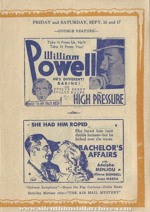 Syracuse, New York, Riviera Theatre program for September 11th, 1932 showing HIGH PRESSURE (1932) with William Powell