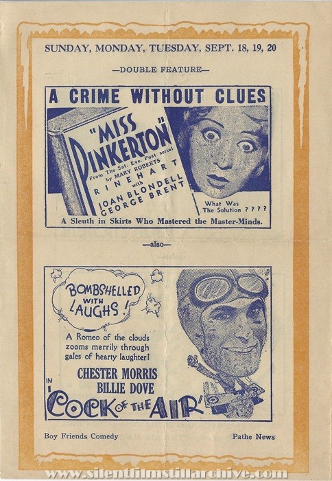 Syracuse, New York, Riviera Theatre program for September 11th, 1932 showing MISS PINKERTON (1932) with Joan Blondell