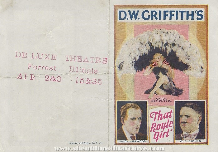 Advertising herald for THAT ROYLE GIRL (1925) with Carol Dempster, James Kirkwood, and W. C. Fields