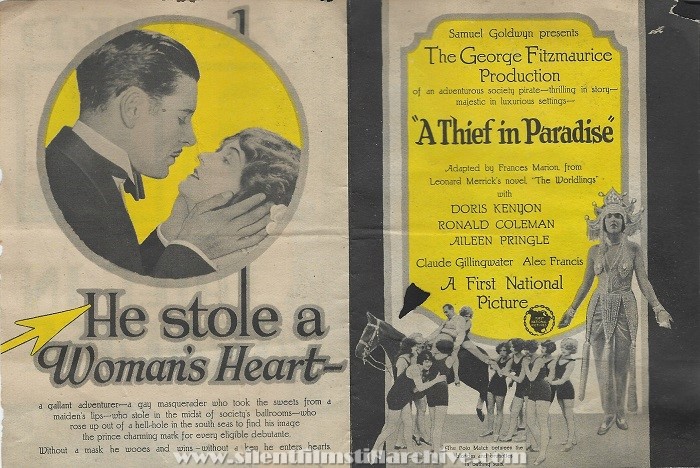 Advertising herald for A THIEF IN PARADISE (1925) with Ronald Colman and Doris Kenyon