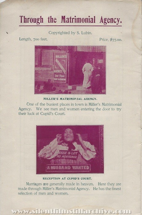 Sales flyer for THROUGH THE MATRIMONIAL AGENCY (1905) from Lubin