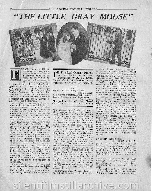 The Moving Picture Weekly, July 8, 1916, synopsis for THE LITTLE GRAY MOUSE with Harry Benham and Edith Roberts