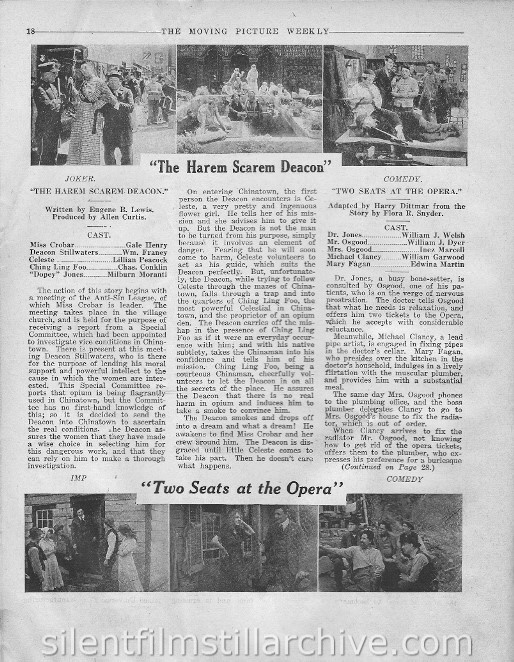 The Moving Picture Weekly, July 8, 1916, synopsis for TWO SEATS AT THE OPERA with William Welsh and William Dyer