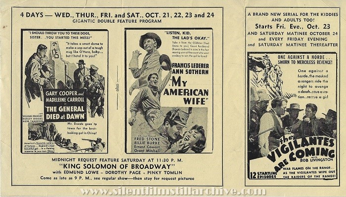 Union Theater, Union, New Jersey, program for the week of Octiber 18, 1936