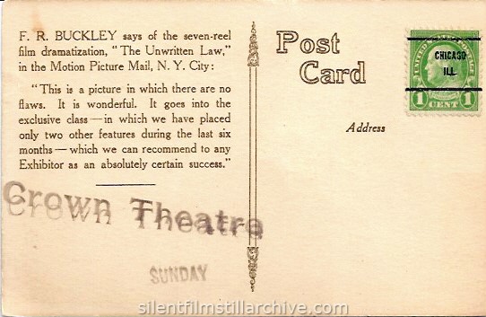 Postcard for THE UNWRITTEN LAW (1916), playing at the Crown Theatre in Chicago, Illinois.