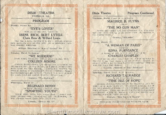 Vandalia, Illinois, Dixie Theatre program for March 8, 1926