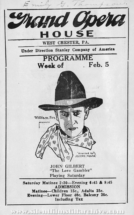Program for the Grand Opera House and Rialto Theaters in West Chester, Pennsylvania for February 5, 1923