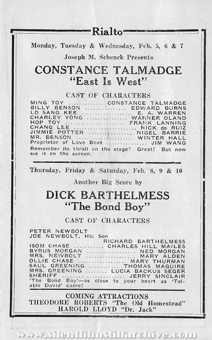 Program for the Grand Opera House and Rialto Theaters in West Chester, Pennsylvania for February 5, 1923