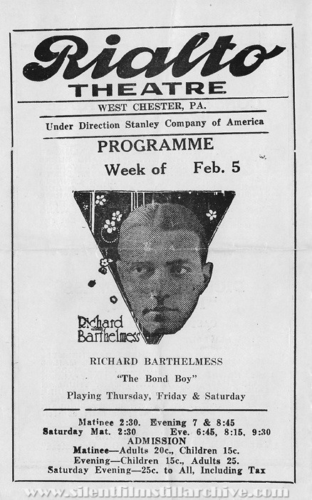 Program for the Grand Opera House and Rialto Theaters in West Chester, Pennsylvania for February 5, 1923