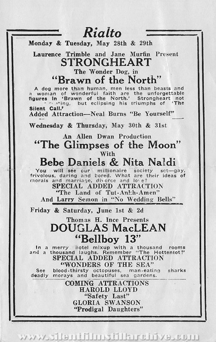 Program for the Grand Opera House and Rialto Theaters in West Chester, Pennsylvania for May 28, 1923