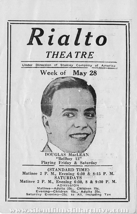 Program for the Grand Opera House and Rialto Theaters in West Chester, Pennsylvania for May 28, 1923