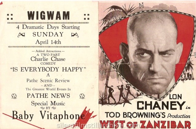 Advertising herald for Lon Chaney in WEST OF ZANZIBAR (1928), showing at the Wigwam Theater